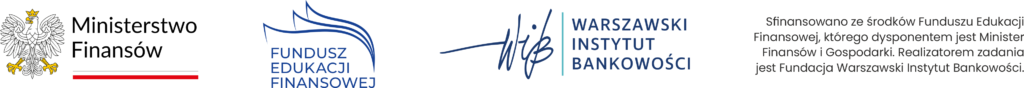 Stopka informacyjna - Ministerstwo Finansów (MF), Fundusz Edukacji Finansowej (FEF), Warszawski Instytut Bankowości (WIB), notka informacyjna o finansowaniu oraz realizatorze